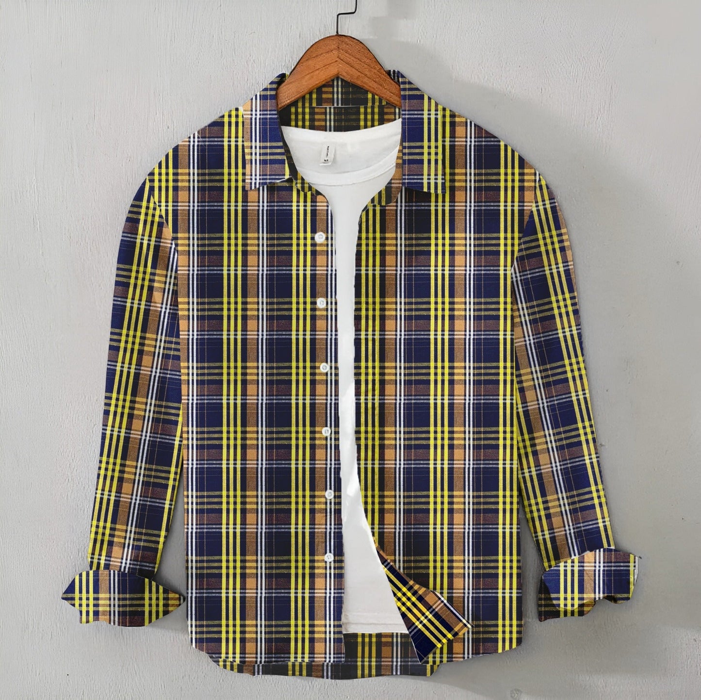 Casual Men's Navy Blue & Yellow Check Shirt - Cotton Shirt
