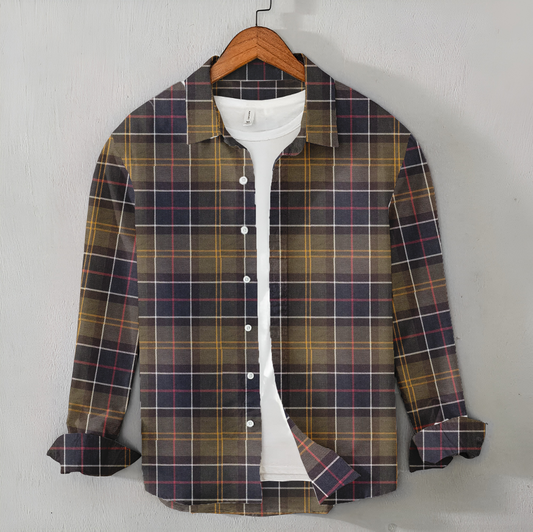 Casual Men's Dark Gray & Yellow Check Shirt - Twill Winter Shirt