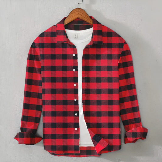 Casual Men's Red & Black Check Flannel Shirt - Winter Shirt