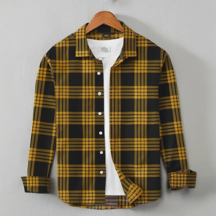 Casual Men's Yellow Check Shirt - Cotton Shirt